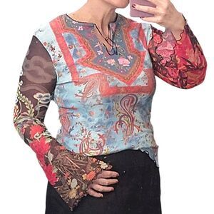 Y2K Colorful Floral Paisley Rhinstone Fairycore Grunge Mesh Sleeve Top Medium